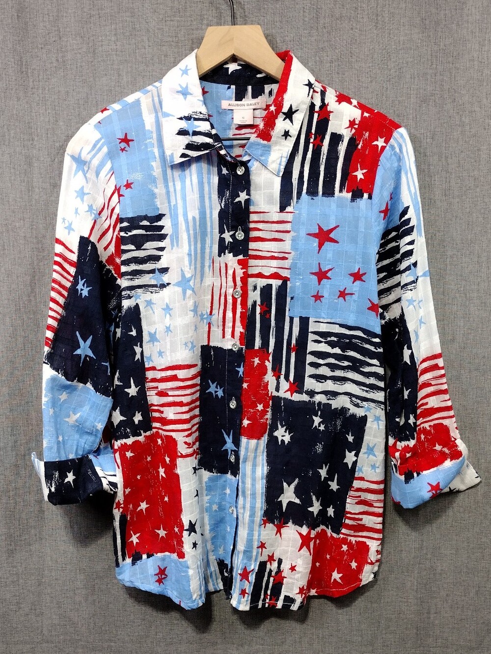 Allison Daley Star Patchwork Button-Down Shirt Womens S Blue Red Artsy July 4th